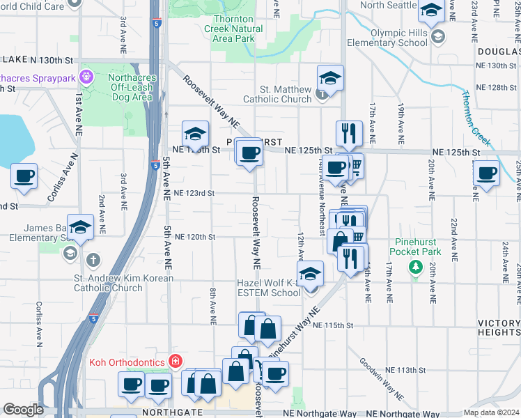 map of restaurants, bars, coffee shops, grocery stores, and more near 12002 Roosevelt Way Northeast in Seattle