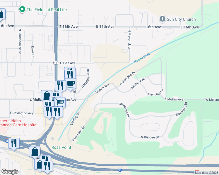 map of restaurants, bars, coffee shops, grocery stores, and more near 1000 North Glasgow Drive in Post Falls
