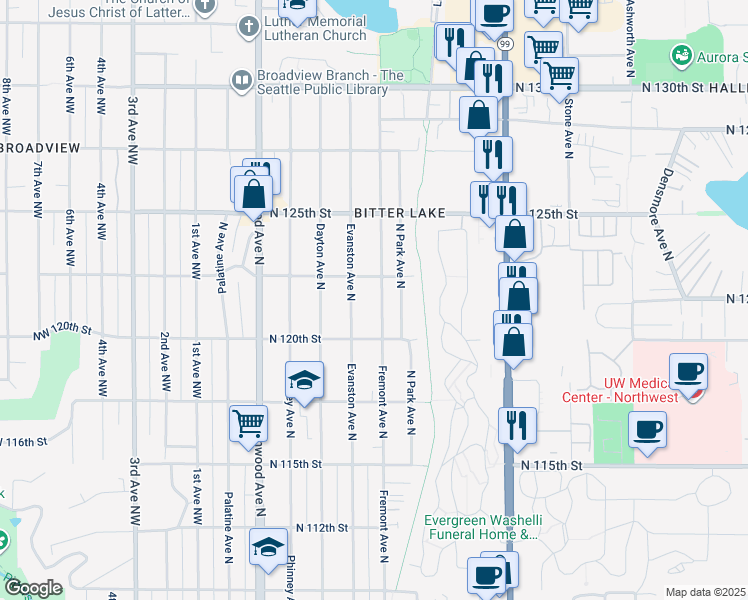 map of restaurants, bars, coffee shops, grocery stores, and more near 12037 Fremont Avenue North in Seattle
