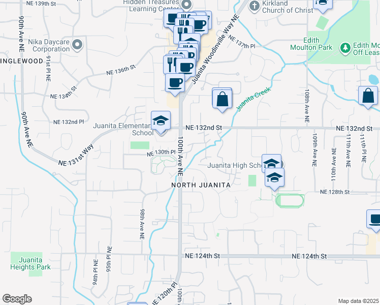 map of restaurants, bars, coffee shops, grocery stores, and more near 13009 101st Lane Northeast in Kirkland
