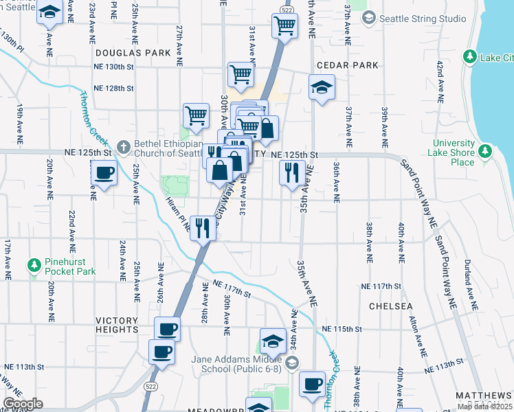 map of restaurants, bars, coffee shops, grocery stores, and more near 12038 31st Avenue Northeast in Seattle
