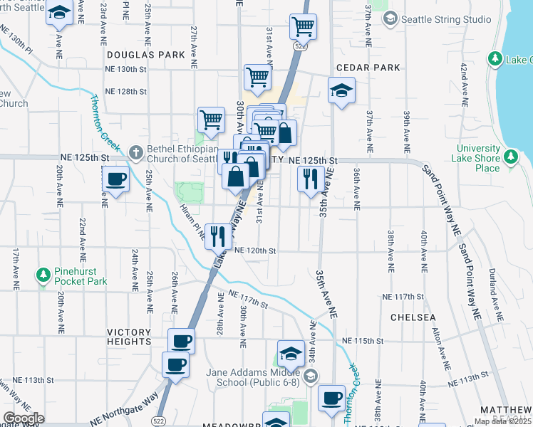 map of restaurants, bars, coffee shops, grocery stores, and more near 12038 31st Avenue Northeast in Seattle