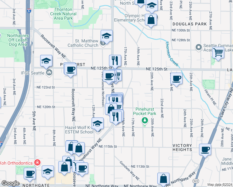 map of restaurants, bars, coffee shops, grocery stores, and more near 12025 Pinehurst Way Northeast in Seattle