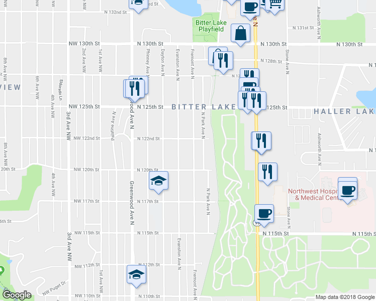map of restaurants, bars, coffee shops, grocery stores, and more near 12037 Fremont Avenue North in Seattle