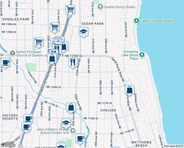 map of restaurants, bars, coffee shops, grocery stores, and more near 12032 36th Avenue Northeast in Seattle