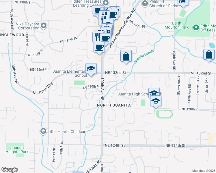 map of restaurants, bars, coffee shops, grocery stores, and more near 13009 101st Lane Northeast in Kirkland