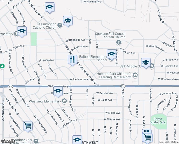 map of restaurants, bars, coffee shops, grocery stores, and more near 3223 West Rosewood Avenue in Spokane
