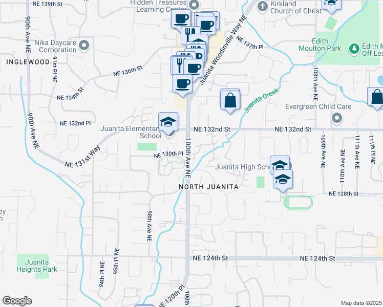 map of restaurants, bars, coffee shops, grocery stores, and more near 10013 Northeast 130th Lane in Kirkland