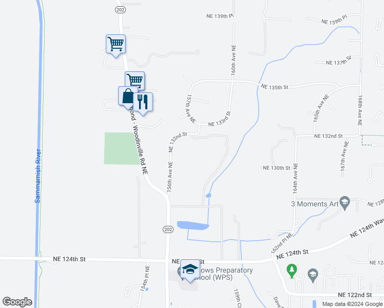 map of restaurants, bars, coffee shops, grocery stores, and more near 15711 Northeast 132nd Street in Redmond