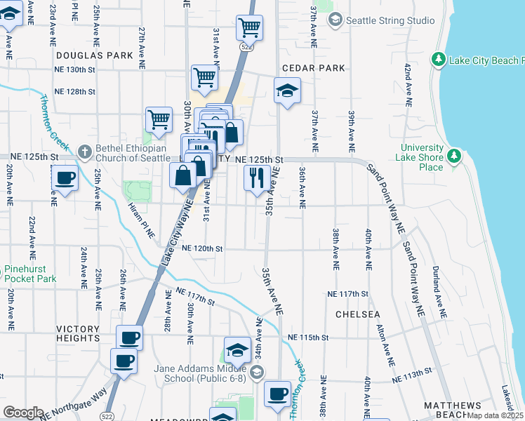 map of restaurants, bars, coffee shops, grocery stores, and more near 12055 35th Avenue Northeast in Seattle