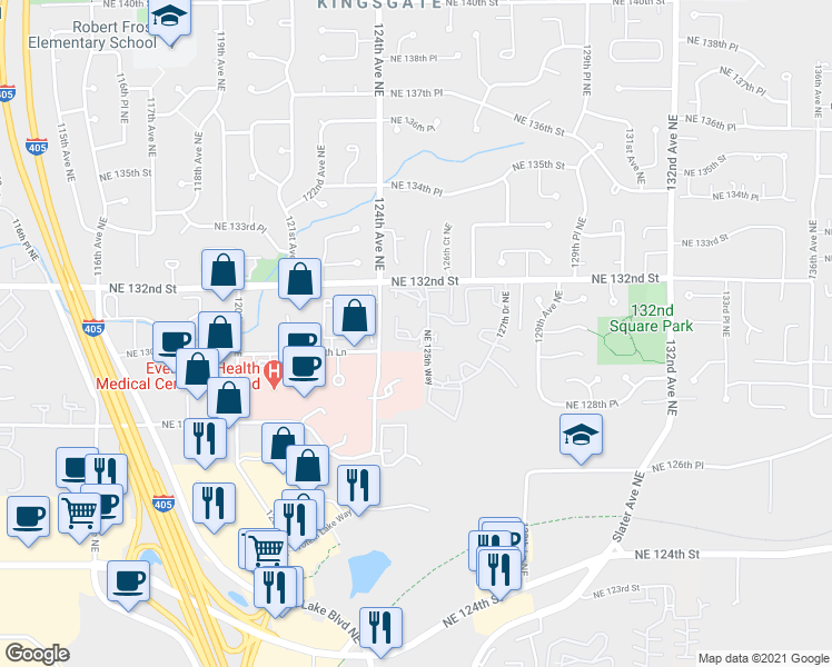 map of restaurants, bars, coffee shops, grocery stores, and more near 12528 Northeast 129th Court in Kirkland