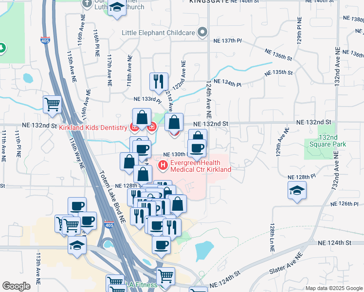 map of restaurants, bars, coffee shops, grocery stores, and more near in Kirkland