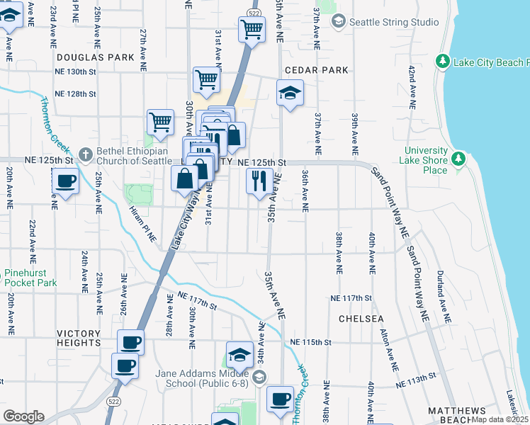map of restaurants, bars, coffee shops, grocery stores, and more near 12035 35th Avenue Northeast in Seattle