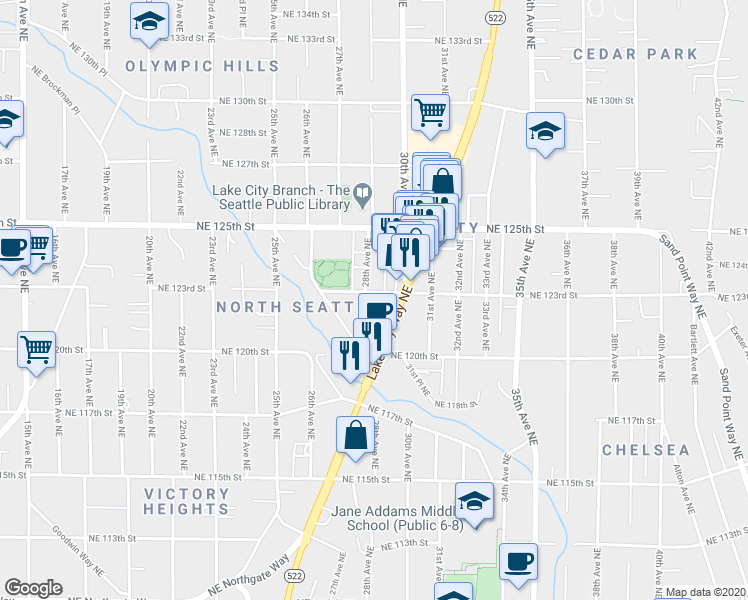 map of restaurants, bars, coffee shops, grocery stores, and more near 12026b 28th Avenue Northeast in Seattle