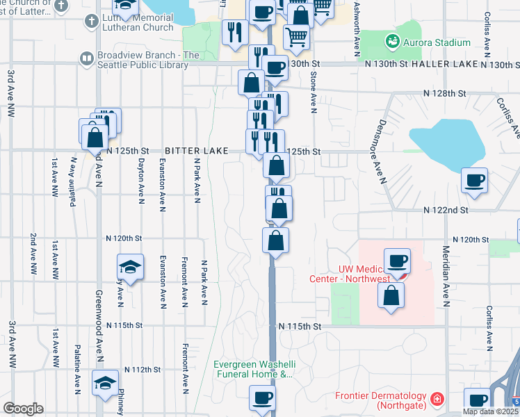 map of restaurants, bars, coffee shops, grocery stores, and more near 12045 Aurora Avenue North in Seattle