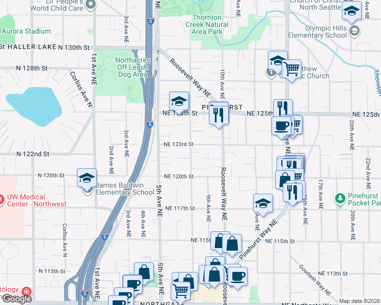map of restaurants, bars, coffee shops, grocery stores, and more near 8th Avenue Northeast in Seattle