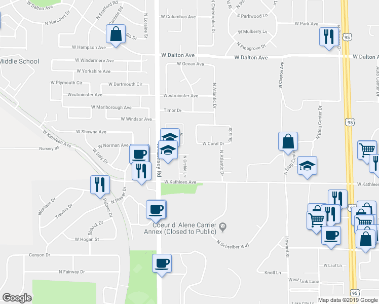 map of restaurants, bars, coffee shops, grocery stores, and more near 1429 West Hyacinth Lane in Coeur d'Alene
