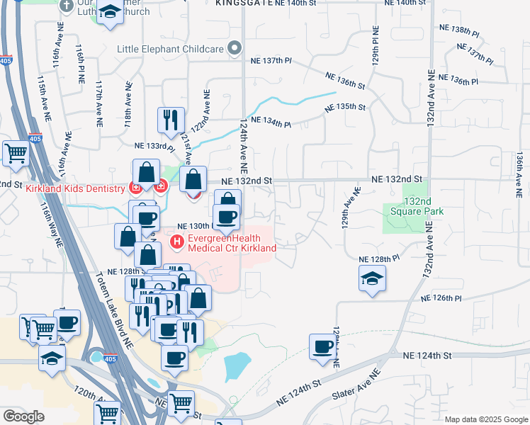 map of restaurants, bars, coffee shops, grocery stores, and more near 12429 Northeast 130th Court in Kirkland