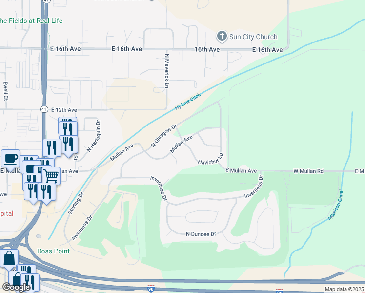 map of restaurants, bars, coffee shops, grocery stores, and more near 5157 East Royal Drive in Post Falls