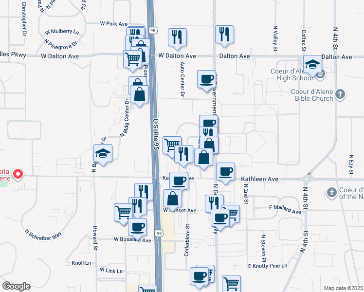 map of restaurants, bars, coffee shops, grocery stores, and more near 4400 North Crown Avenue in Coeur d'Alene