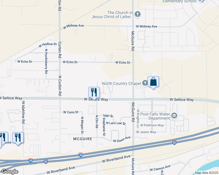 map of restaurants, bars, coffee shops, grocery stores, and more near 1050 North Haven Court in Post Falls