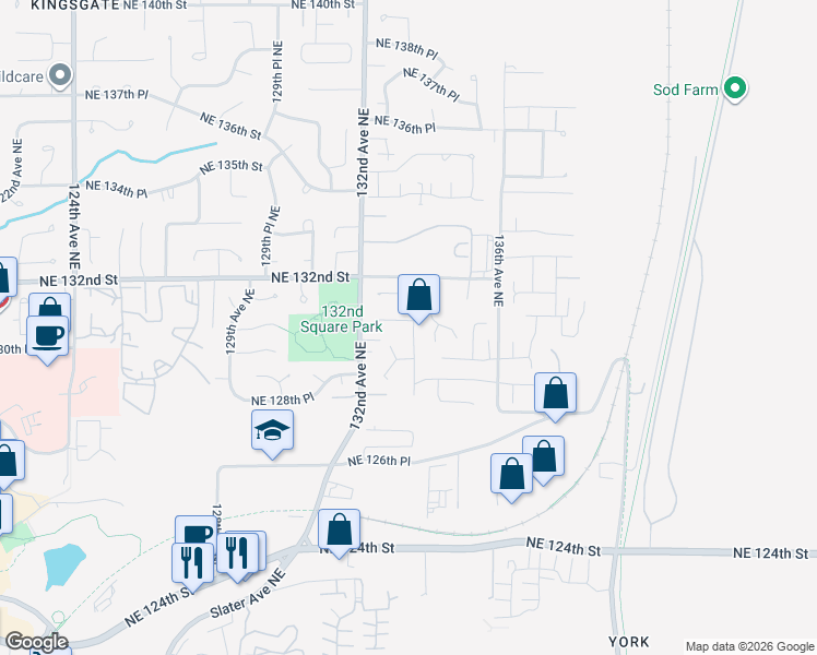 map of restaurants, bars, coffee shops, grocery stores, and more near 13229 Northeast 131st Place in Kirkland