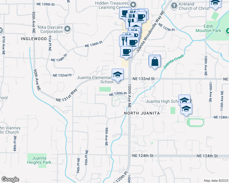 map of restaurants, bars, coffee shops, grocery stores, and more near 9635 Northeast 132nd Street in Kirkland