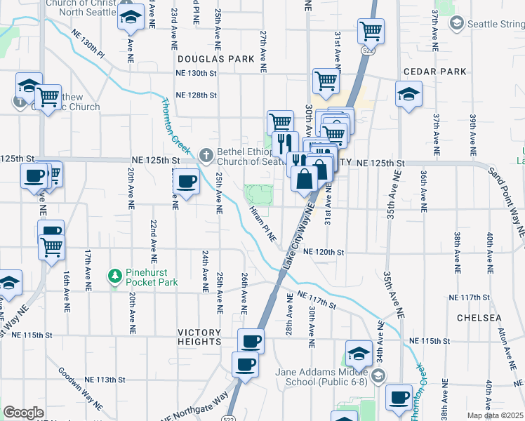 map of restaurants, bars, coffee shops, grocery stores, and more near 2700 Northeast 123rd Street in Seattle