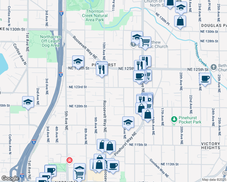 map of restaurants, bars, coffee shops, grocery stores, and more near 12300 10th Place Northeast in Seattle