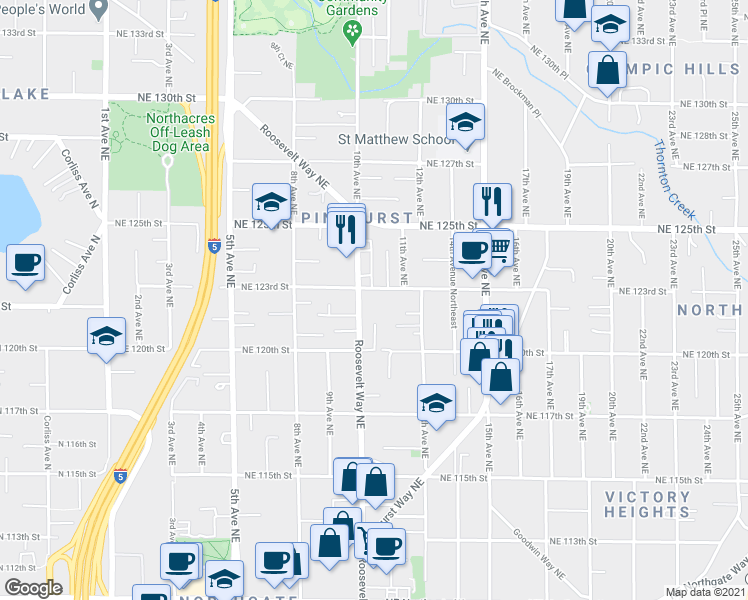 map of restaurants, bars, coffee shops, grocery stores, and more near 12312 Roosevelt Way Northeast in Seattle