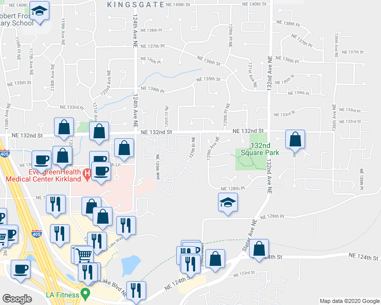 map of restaurants, bars, coffee shops, grocery stores, and more near 12711 Northeast 132nd Street in Kirkland