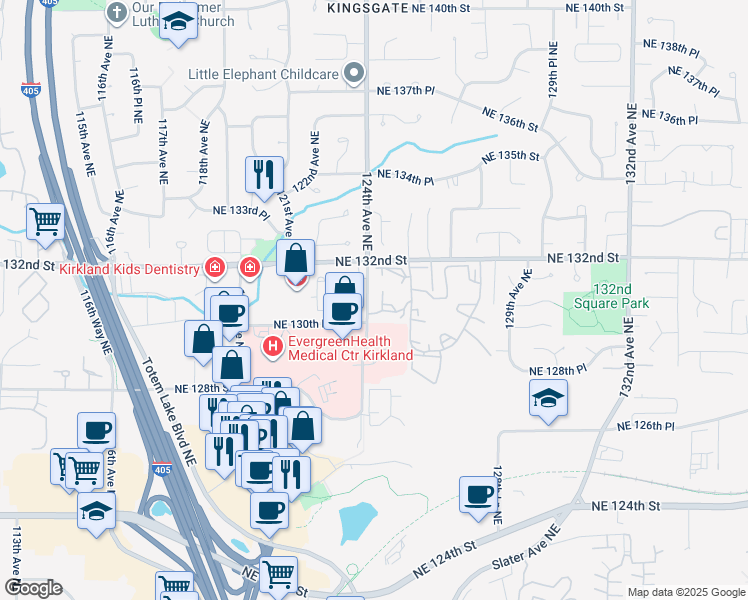 map of restaurants, bars, coffee shops, grocery stores, and more near in Kirkland