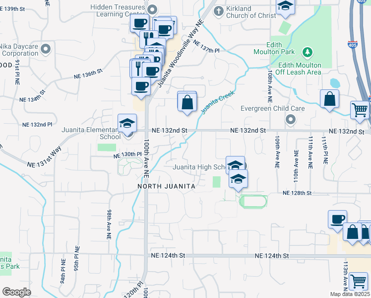 map of restaurants, bars, coffee shops, grocery stores, and more near 13145 102nd Lane Northeast in Kirkland