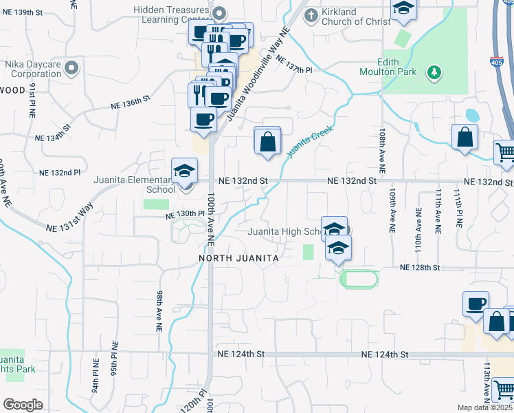 map of restaurants, bars, coffee shops, grocery stores, and more near 13145 102nd Lane Northeast in Kirkland