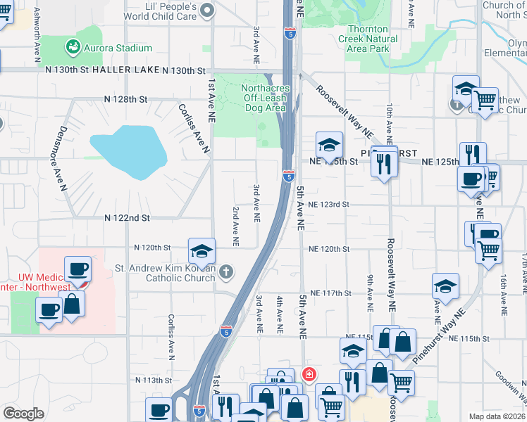 map of restaurants, bars, coffee shops, grocery stores, and more near 12313 3rd Avenue Northeast in Seattle