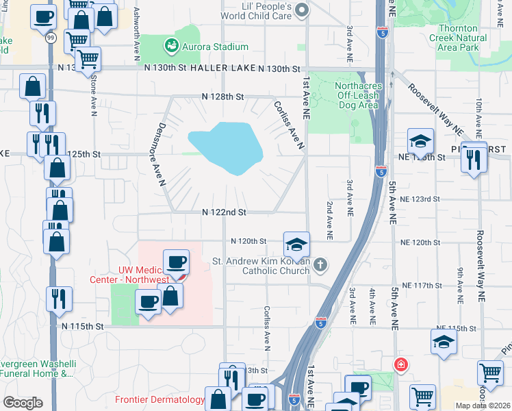 map of restaurants, bars, coffee shops, grocery stores, and more near 2150 North 122nd Street in Seattle