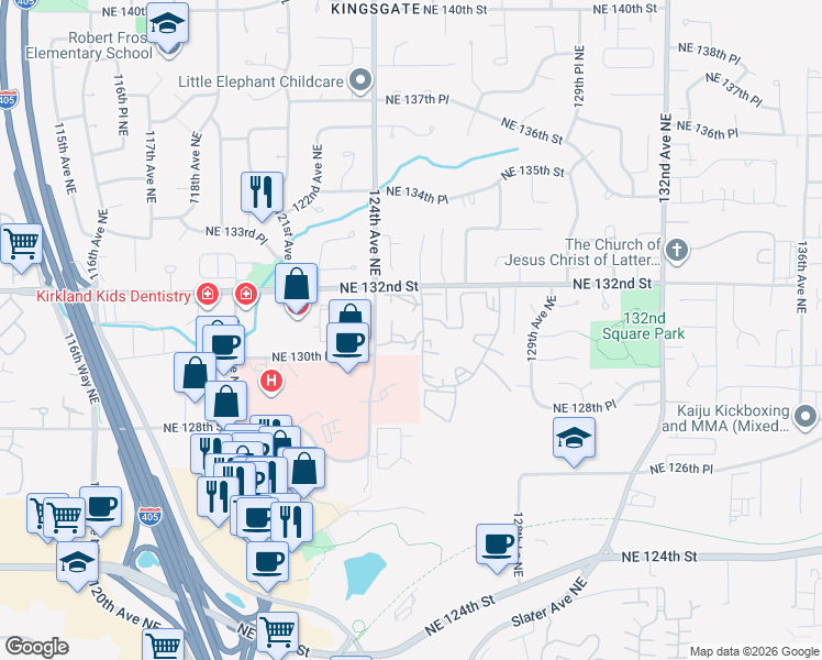 map of restaurants, bars, coffee shops, grocery stores, and more near 12450 Northeast 130th Court in Kirkland