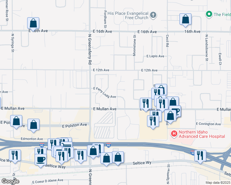 map of restaurants, bars, coffee shops, grocery stores, and more near 957 North Bainbridge Street in Post Falls