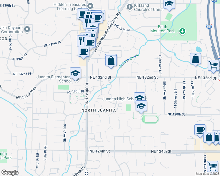 map of restaurants, bars, coffee shops, grocery stores, and more near 13145 102nd Lane Northeast in Kirkland