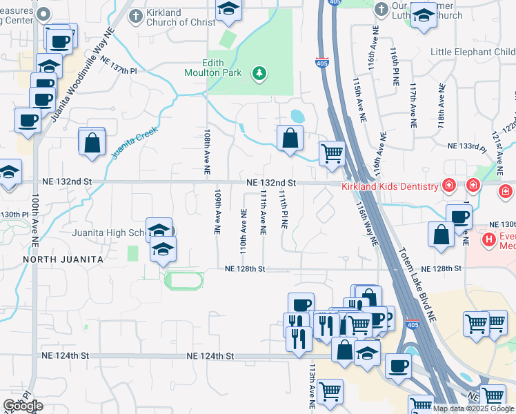 map of restaurants, bars, coffee shops, grocery stores, and more near 13043 111th Avenue Northeast in Kirkland