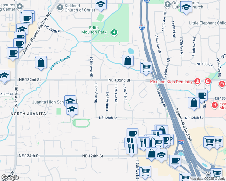 map of restaurants, bars, coffee shops, grocery stores, and more near 13043 111th Avenue Northeast in Kirkland