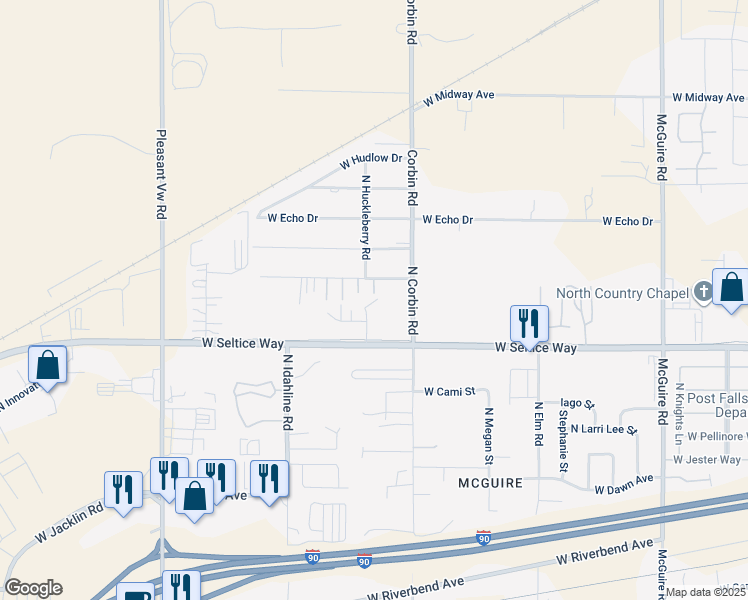 map of restaurants, bars, coffee shops, grocery stores, and more near 840 Siony Lane in Post Falls