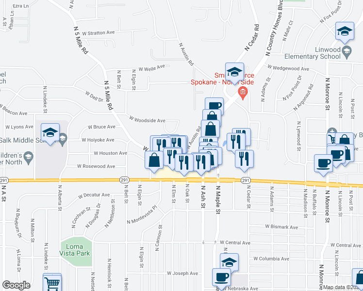 map of restaurants, bars, coffee shops, grocery stores, and more near 6525 North Austin Road in Spokane