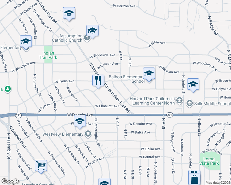 map of restaurants, bars, coffee shops, grocery stores, and more near 3314 West Rosewood Avenue in Spokane