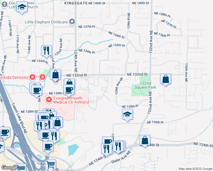 map of restaurants, bars, coffee shops, grocery stores, and more near 12711 Northeast 132nd Street in Kirkland