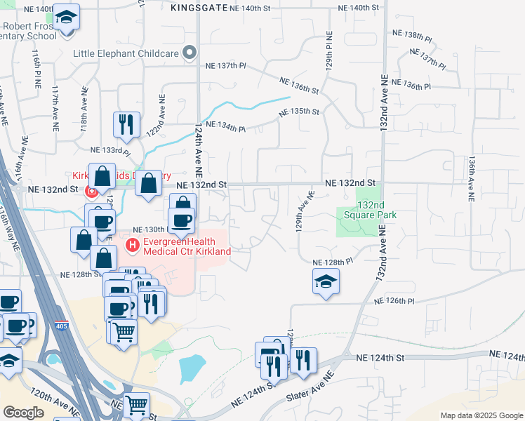 map of restaurants, bars, coffee shops, grocery stores, and more near 12623 Northeast 131st Way in Kirkland