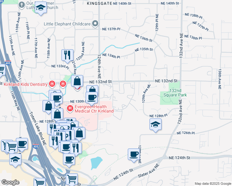 map of restaurants, bars, coffee shops, grocery stores, and more near 12510 Northeast 130th Way in Kirkland
