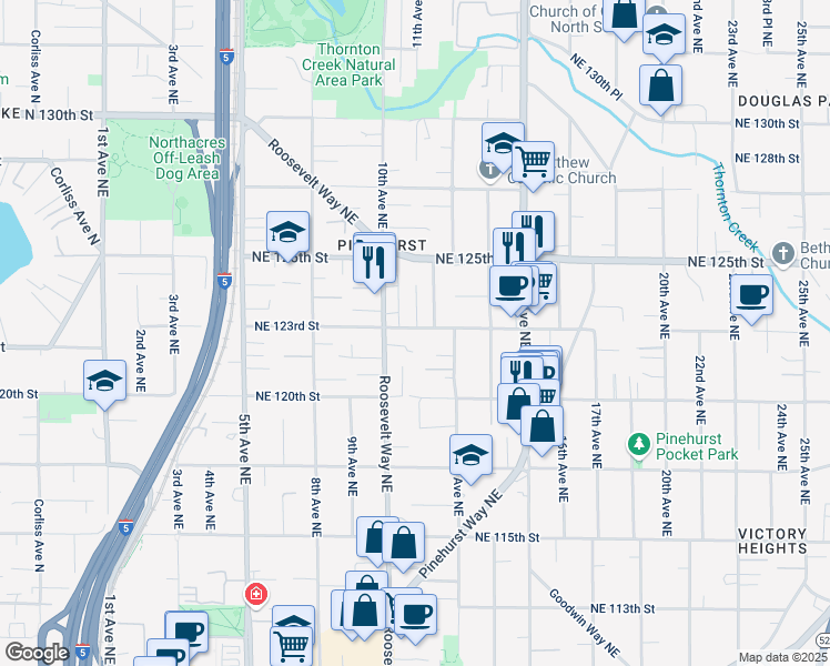 map of restaurants, bars, coffee shops, grocery stores, and more near 12300 10th Place Northeast in Seattle