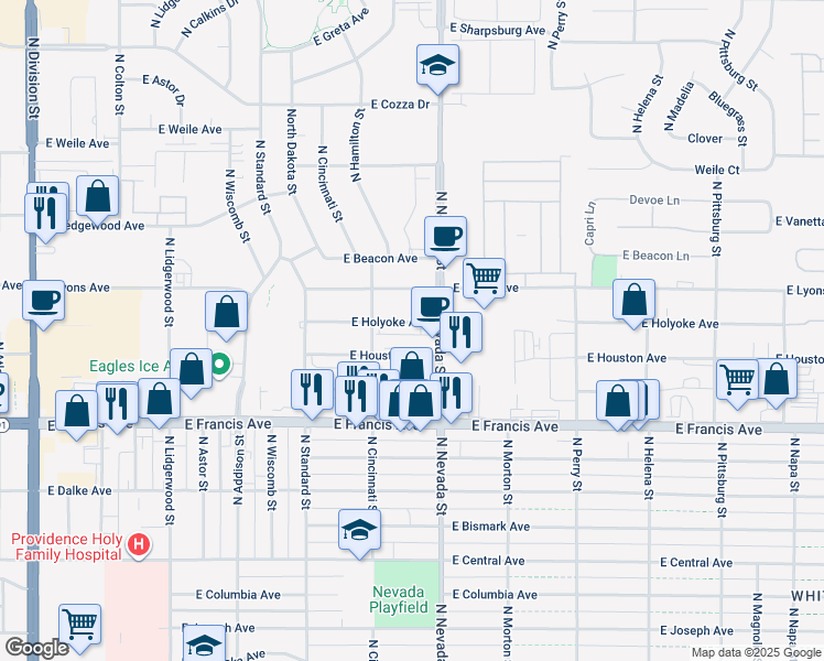 map of restaurants, bars, coffee shops, grocery stores, and more near 910 East Holyoke Avenue in Spokane