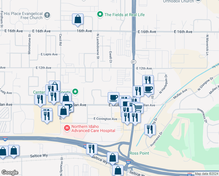 map of restaurants, bars, coffee shops, grocery stores, and more near 950 North Regal Court in Post Falls